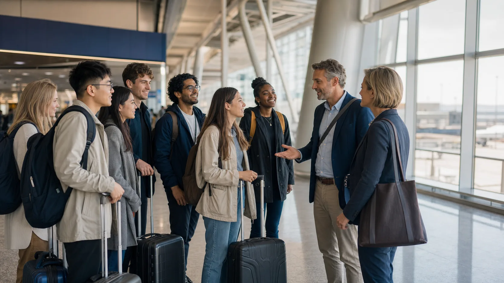 University students and academic coordinators preparing for an educational trip