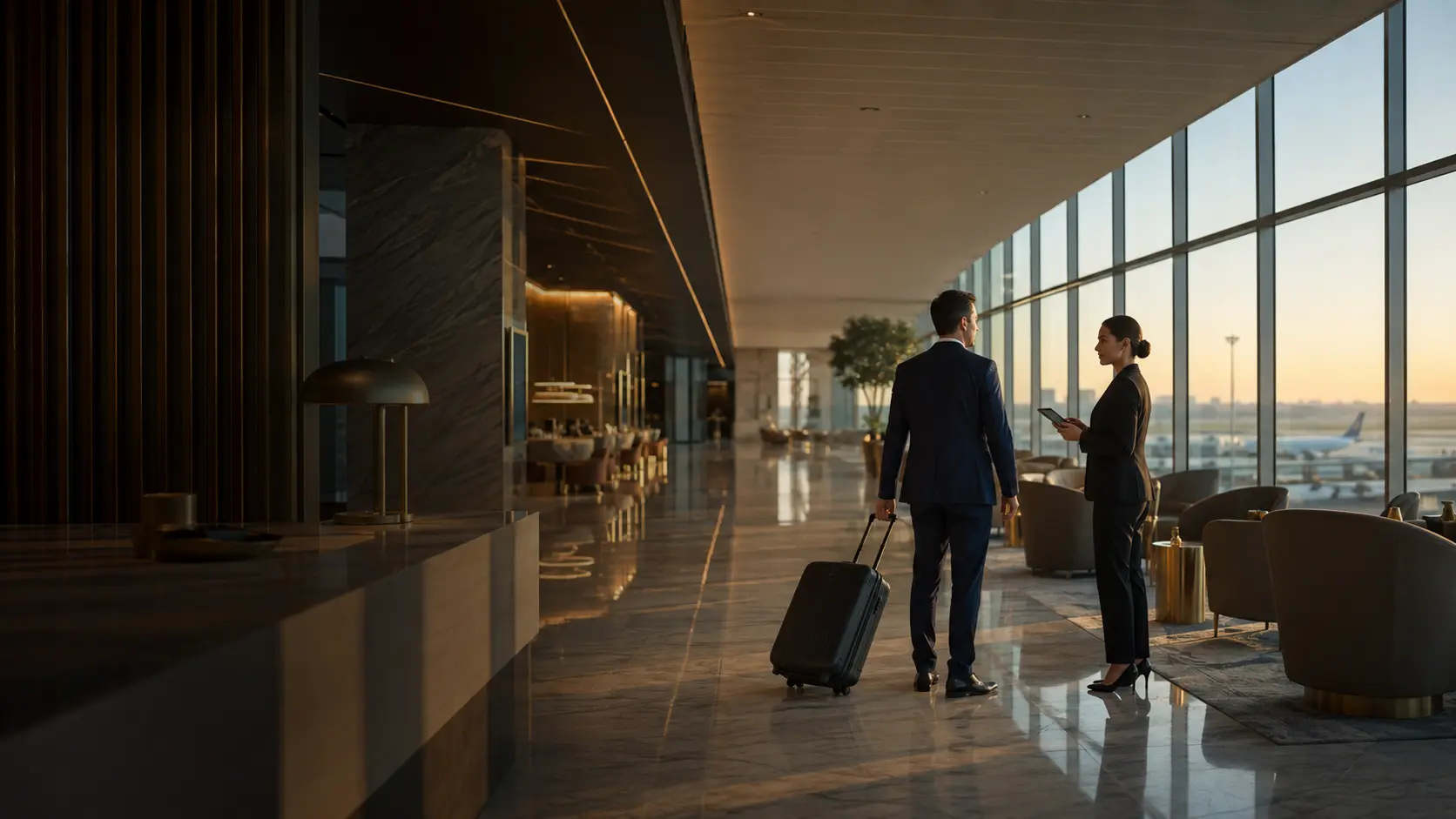 Business traveller and travel coordinator in a modern executive airport lounge