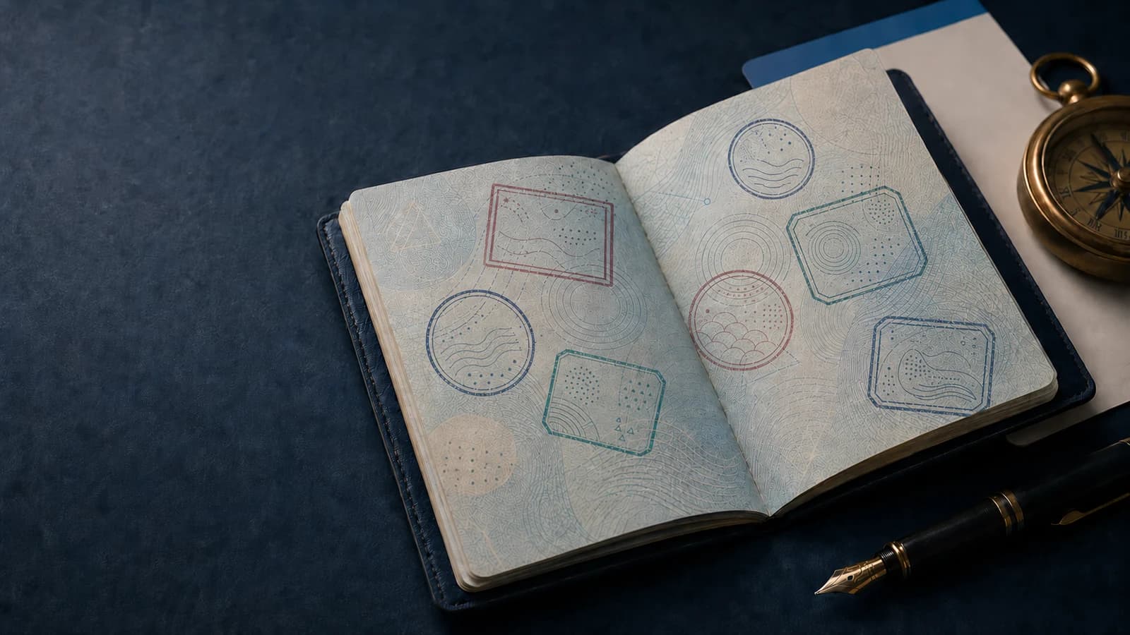Open passport with abstract travel stamps