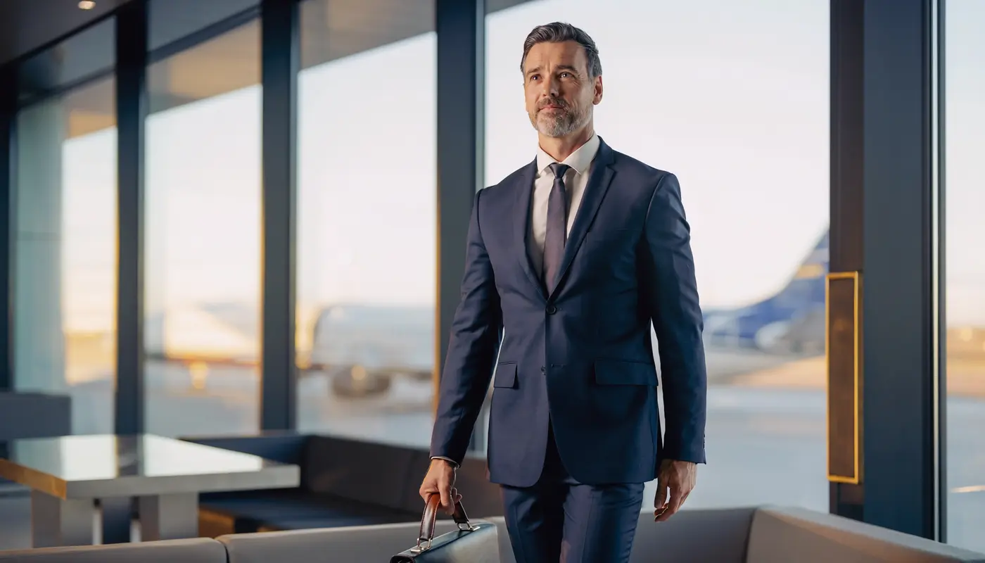 Executive traveller in a modern airport lounge