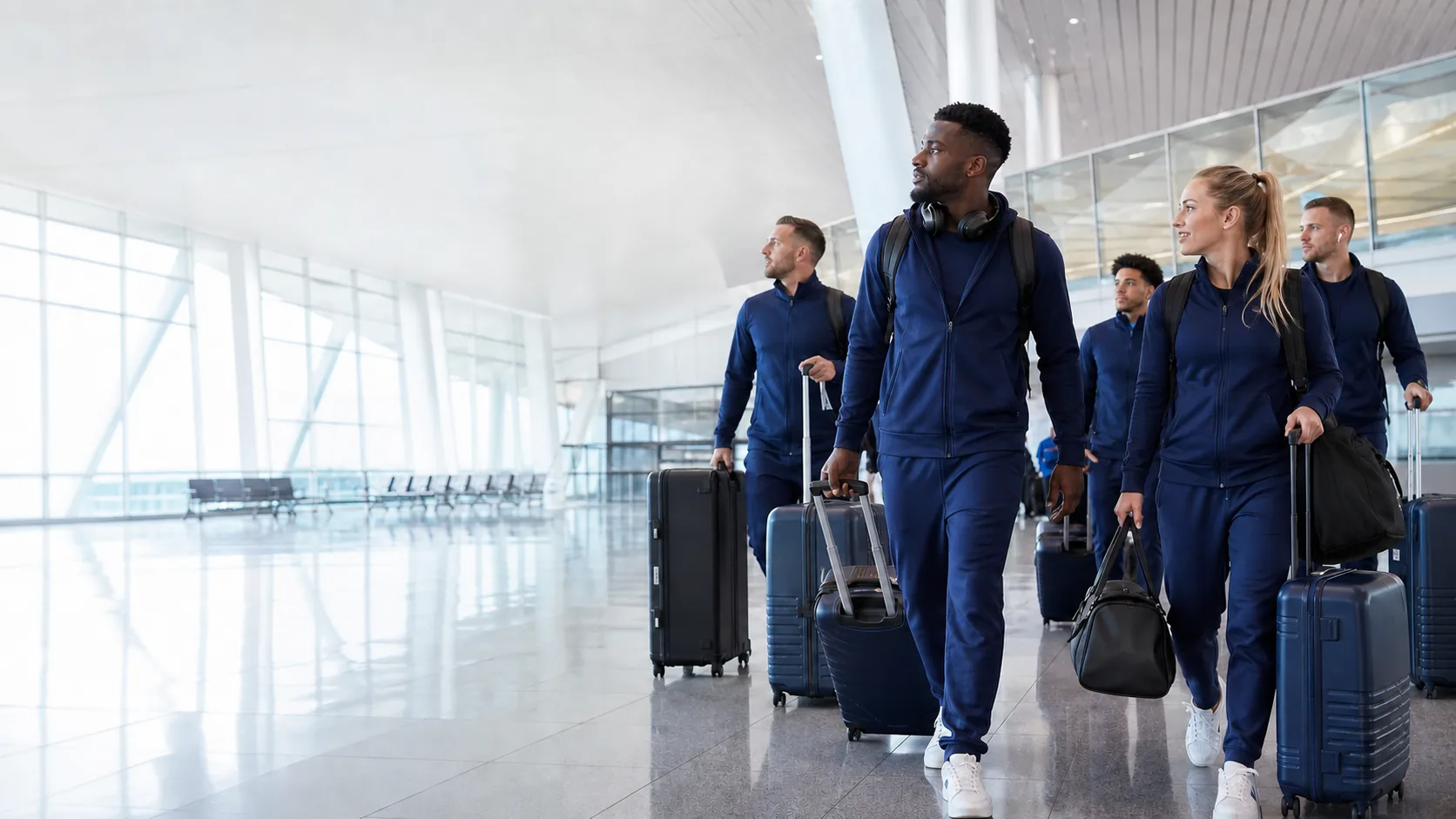 Sports team preparing for international travel